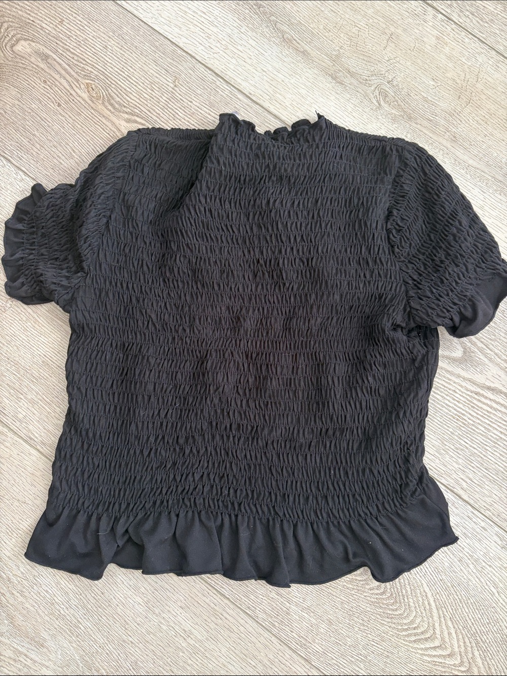 Tahari Black Smocked Ruffle Short Sleeve Top